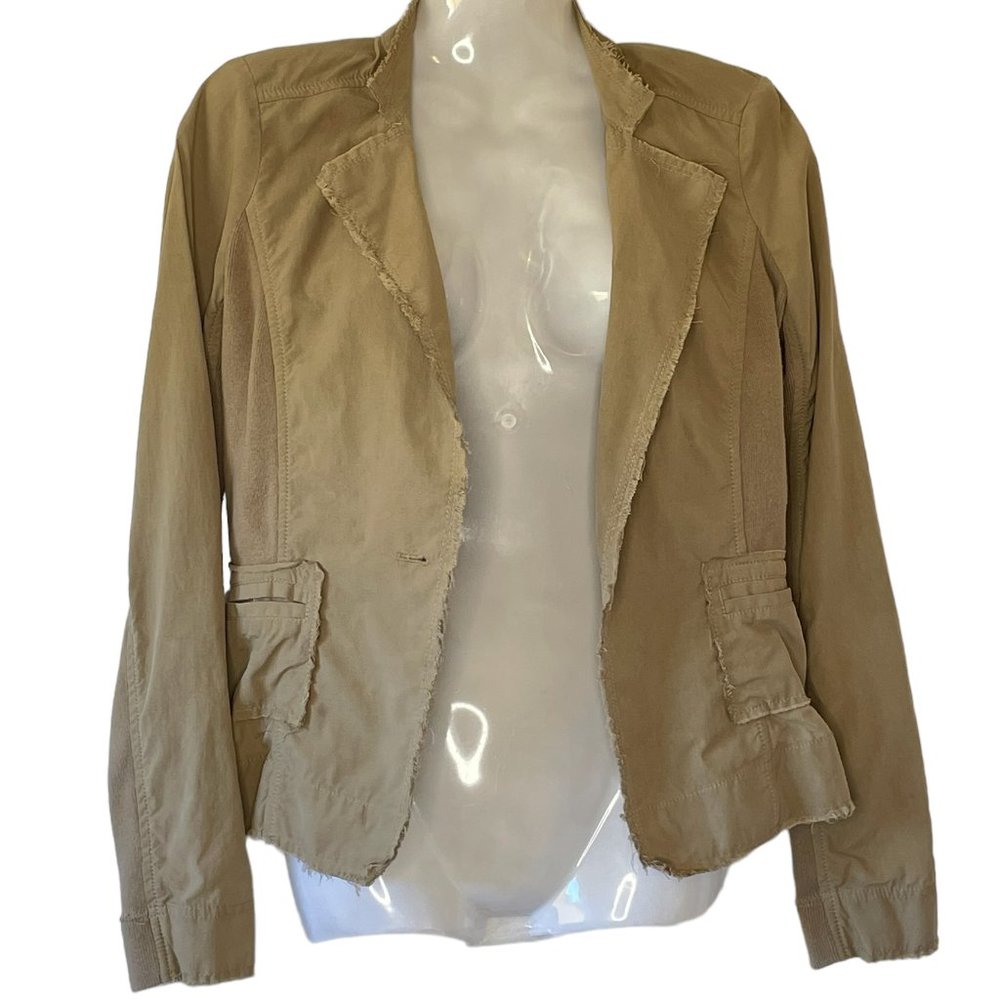 GO BY GO SILK Khaki Utility Style Jacket 1 Button Blazer with Raw Hem and Seams